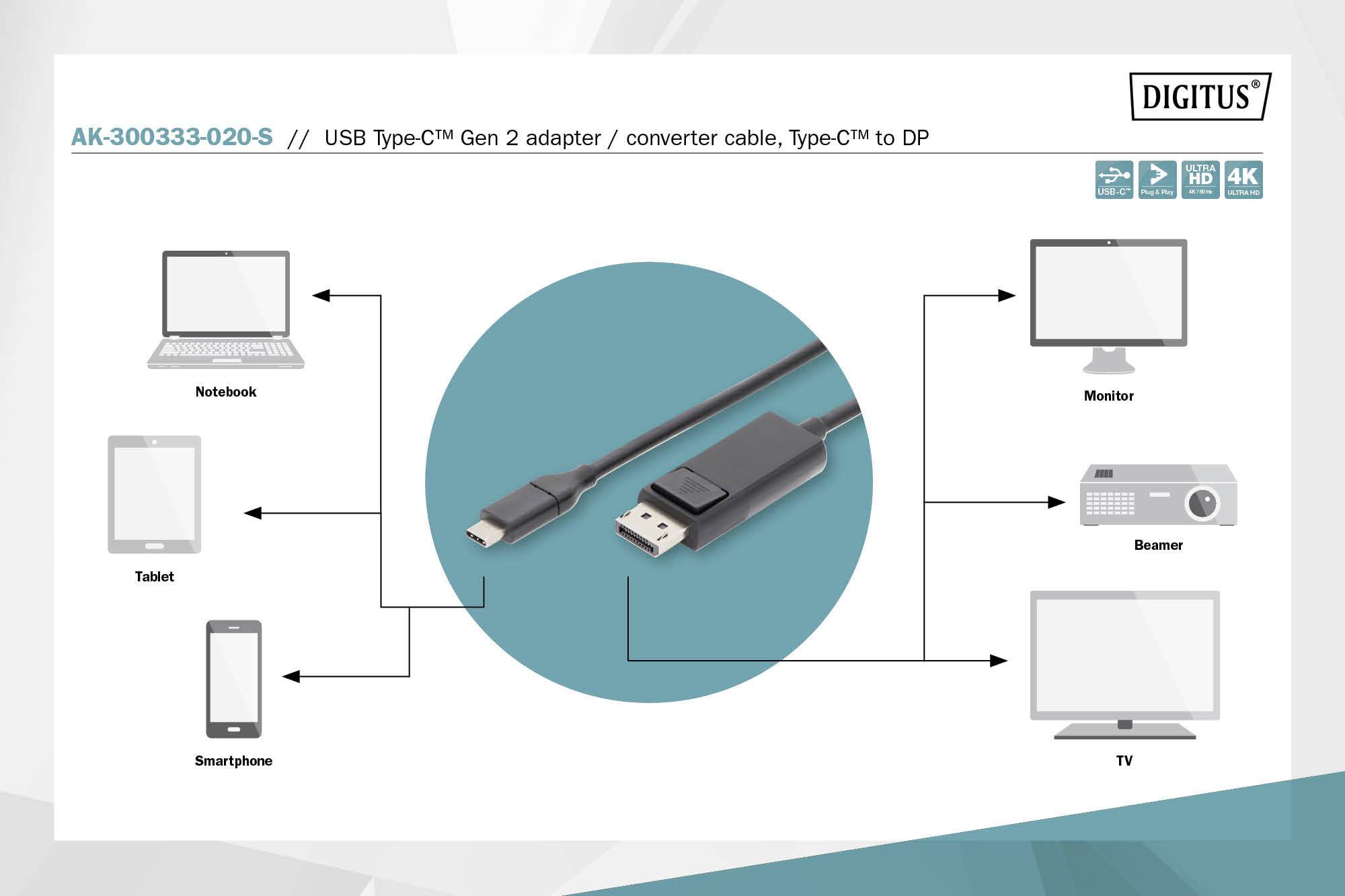'Diagram shows USB Type-C adapter connections to laptop, monitor, projector, TV, tablet and smartphone.'