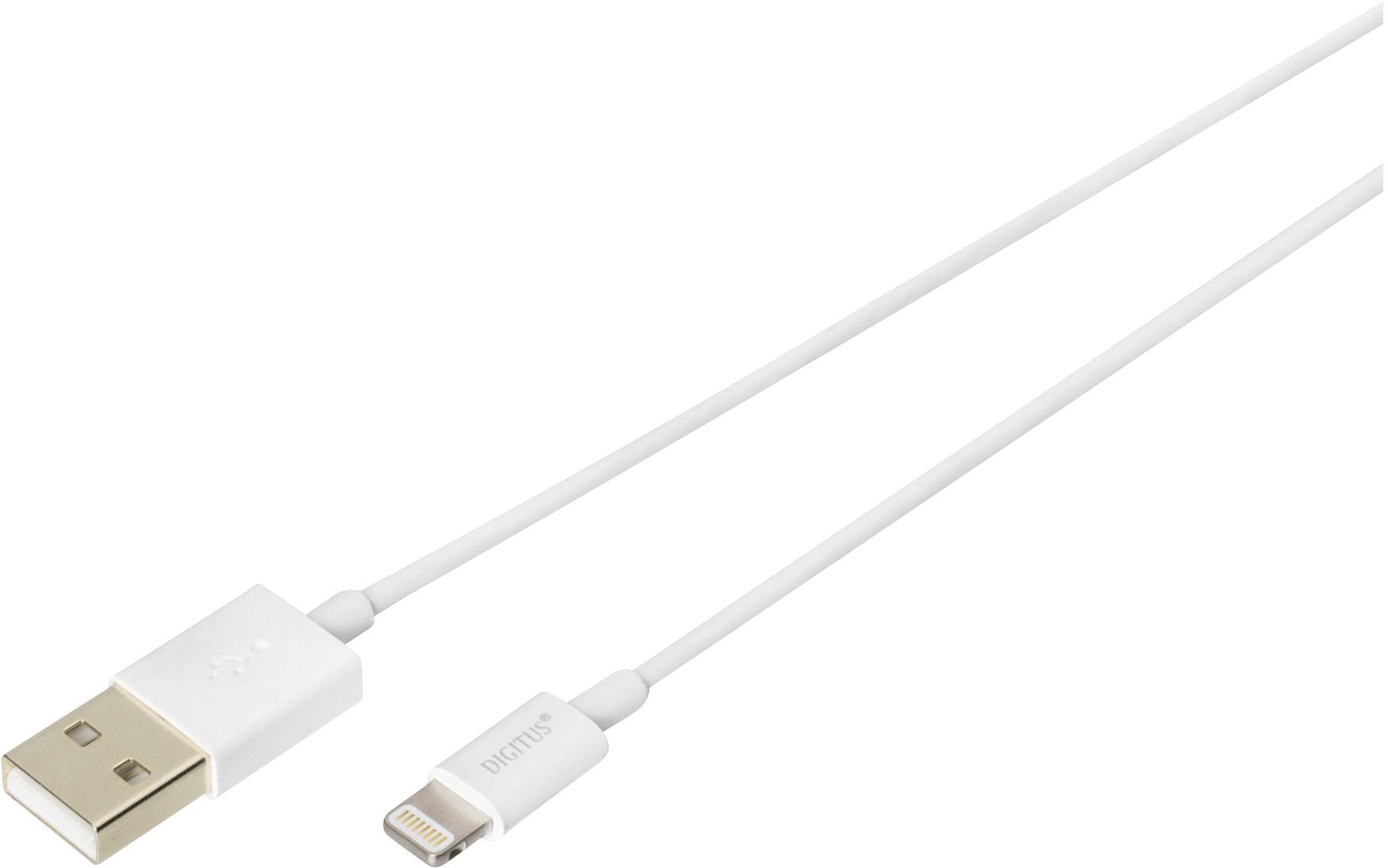 USB to Lightning cable, white, for charging and data transfer of Apple devices.