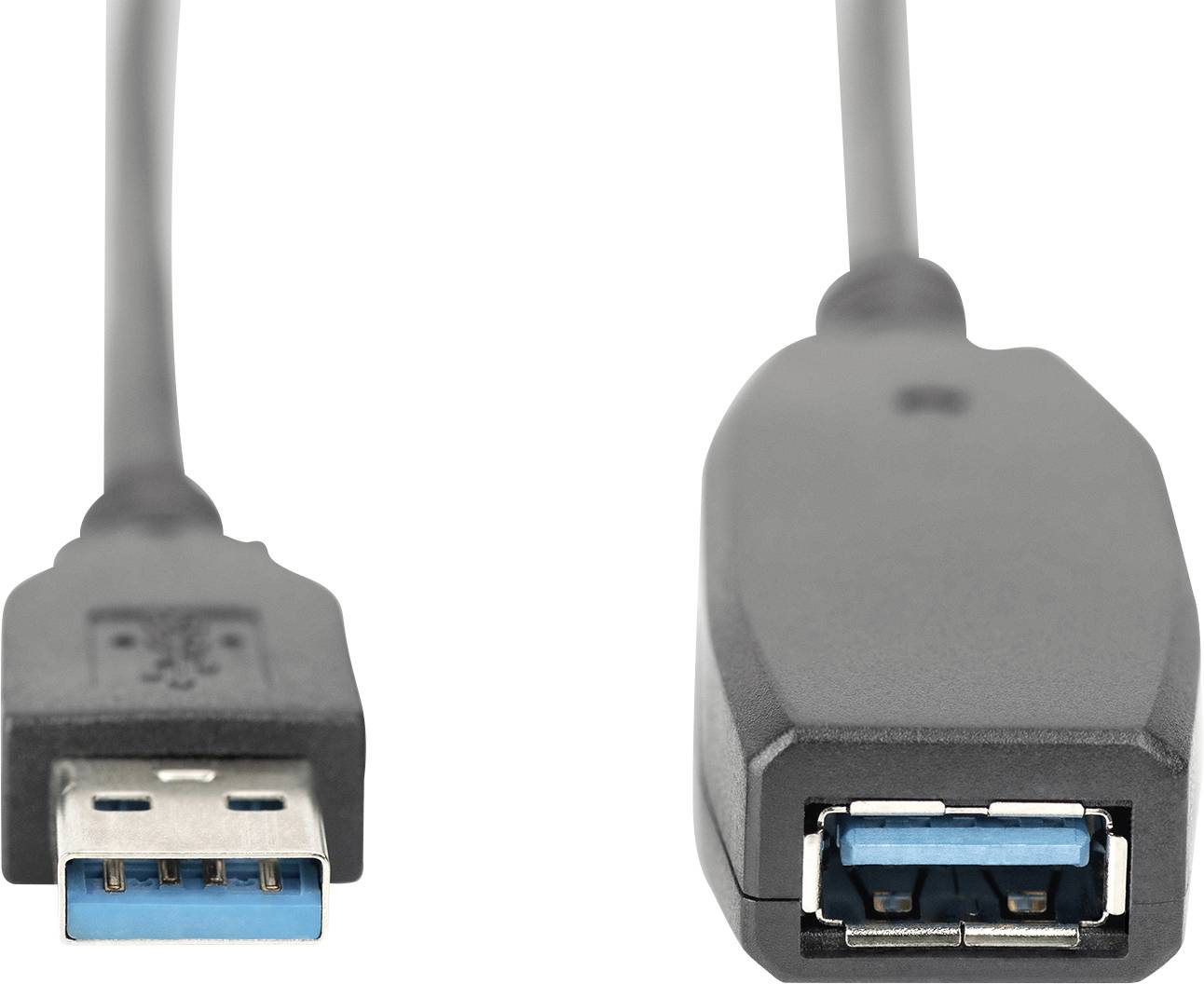 A USB 3.0 plug and socket are shown. The plug is on the left, the socket on the right. Both have blue inner sections.