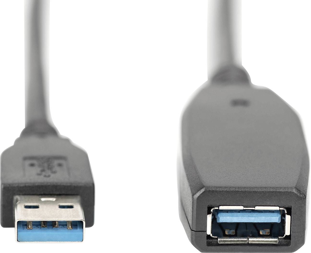 A USB 3.0 cable with male and female connectors. The male plug is on the left, the female socket on the right.