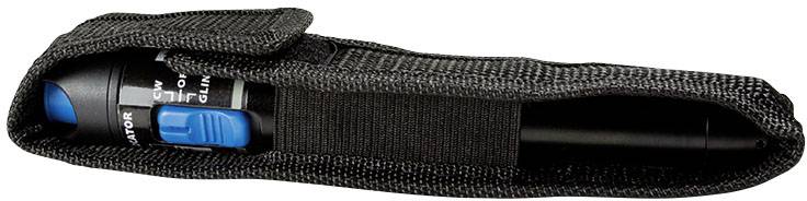 A small, blue pocket laser in a black textile case, partially visible.