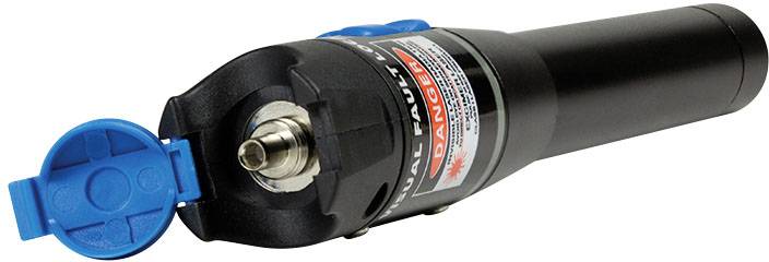 Black laser tool with blue protective cap and warning label.