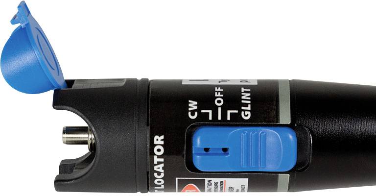 'Fibre-optic tester with blue, open lid and sliding control. Labels: CW, OFF, GLINT.'