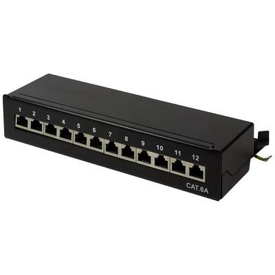 Black network patch panel with 12 numbered Ethernet ports, categorised as CAT.6A, for organising cable connections.