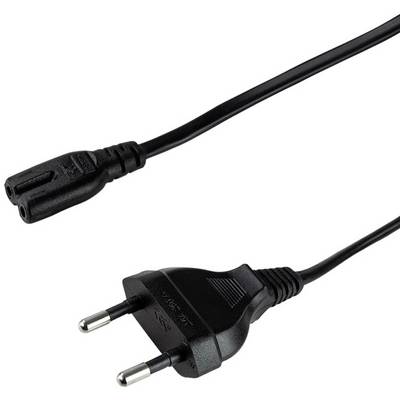 Black power cable with a Euro plug and a female socket. Used for connecting devices to power sources.