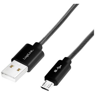 A black USB cable with a USB-A plug on one end and a Micro-USB plug on the other, by LogiLink.