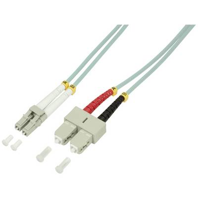 Fibre optic cables with connectors: Two two-colour LC and SC connectors on blue fibres, labelled 'A', 'B' on yellow markings.