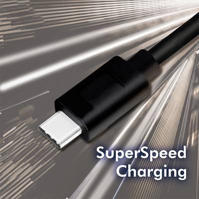 A black USB cable with the text 'SuperSpeed Charging'. It symbolises rapid charging, set against a background with light streaks.