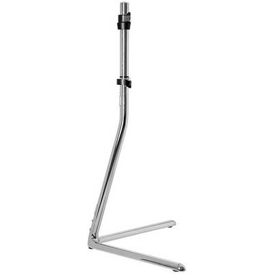 A chrome-plated, height-adjustable microphone stand with a round base, suitable for stage performances and studios.