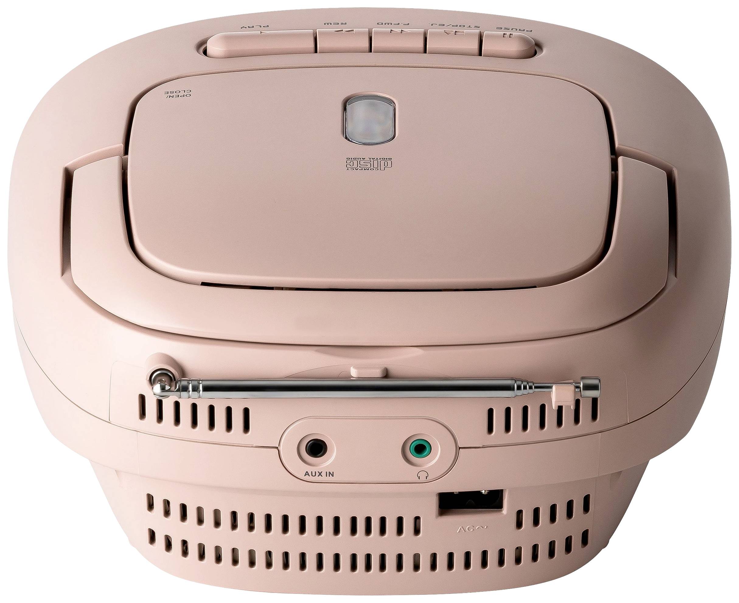 Rosa, portable CD player with radio, showing upper control buttons and audio connections on the back for connections.