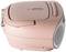 Pink portable CD player with radio and speakers. Device has playback control buttons and a handle for carrying.