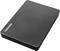 Toshiba external hard drive, black, rectangular, lying flat.