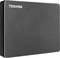 Toshiba external hard drive, black, rectangular, compact, suitable for data storage or backup.