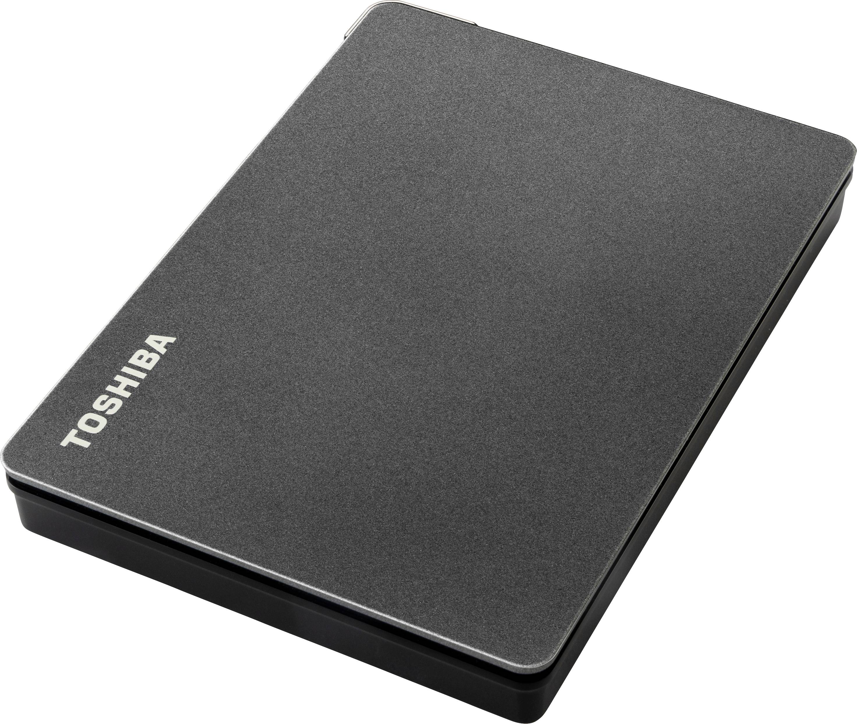 Black external hard drive from Toshiba. Square shape with smooth surface. Suitable for data storage.