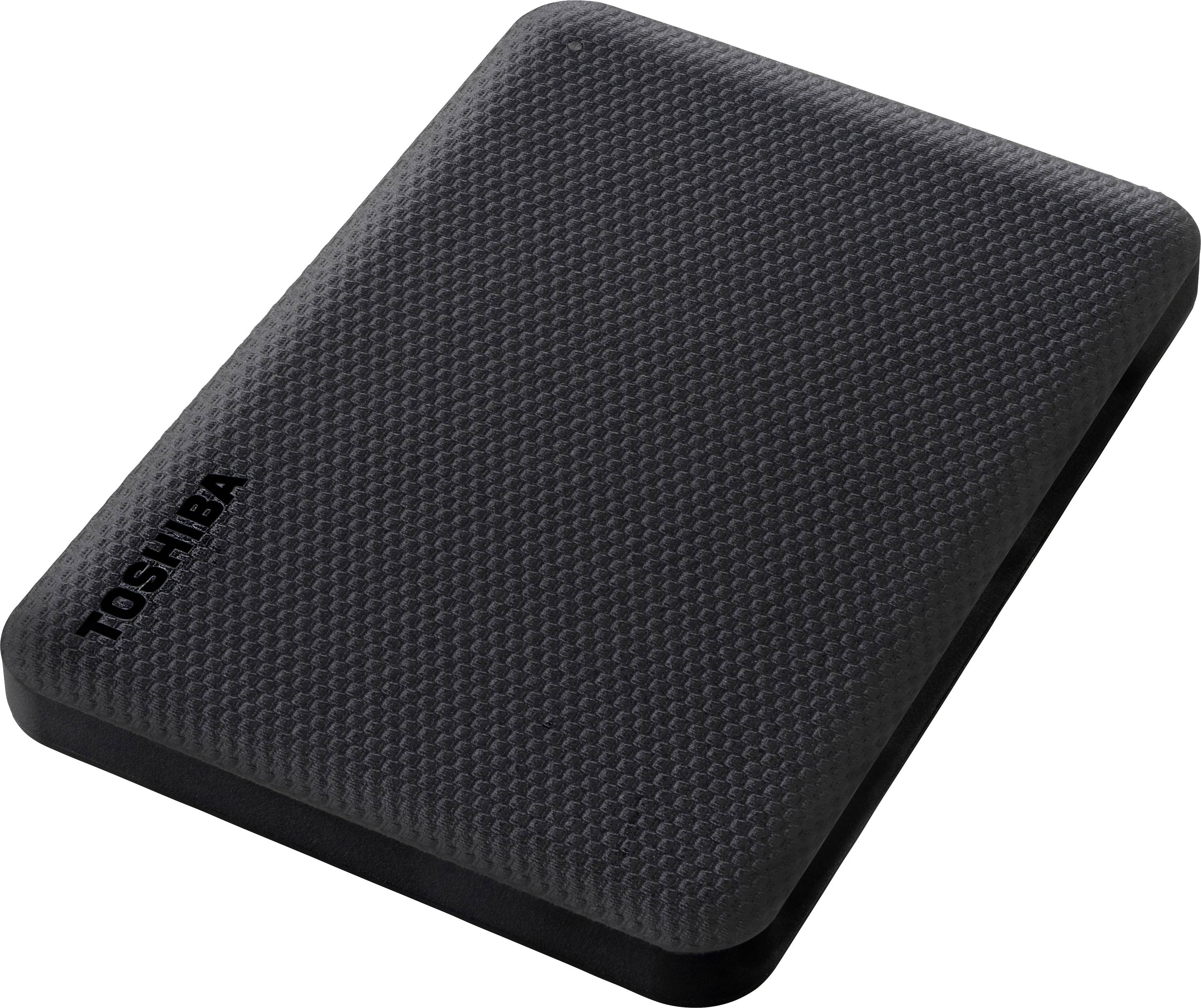 A black, rectangular external drive with texture and the brand name 'Toshiba' in the top left corner.