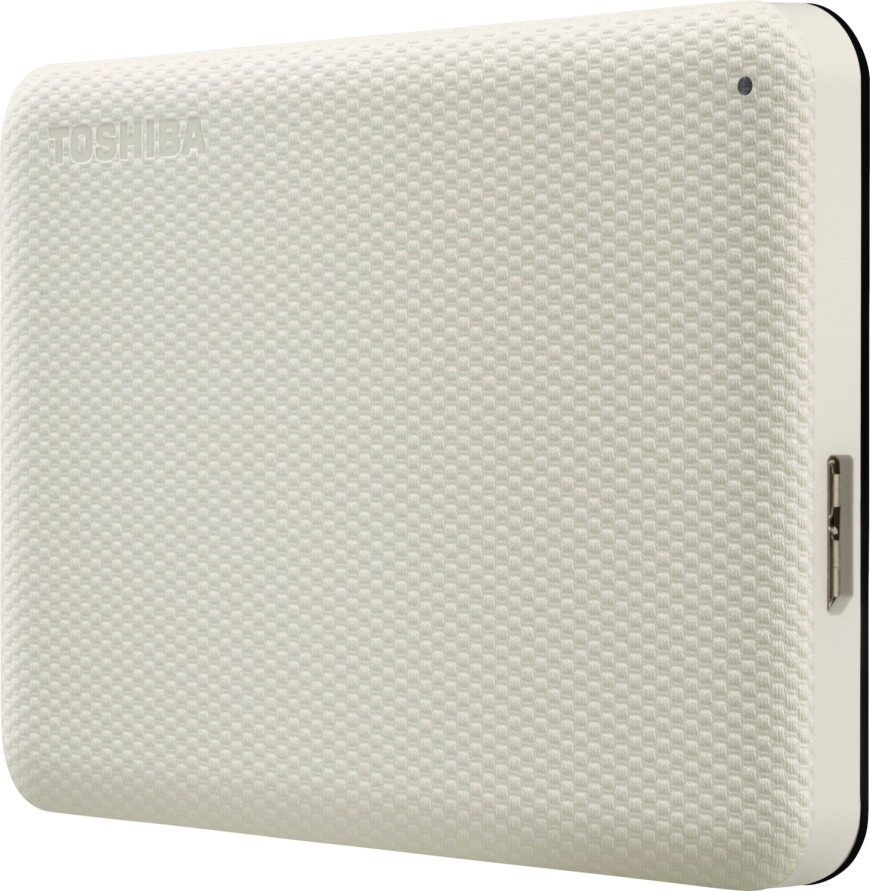 White, external Toshiba drive with textured surface and side USB connection.