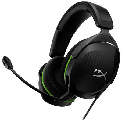 A black gaming headset with a microphone arm, padded ear cups, and green accents. Perfect for immersive gaming experiences.