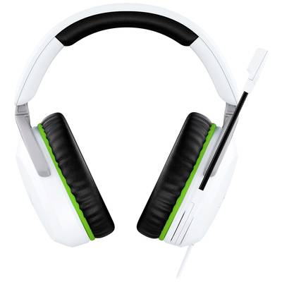 White and green gaming headset with microphone, adjustable headband, and soft ear cushions, suitable for computers and gaming consoles.