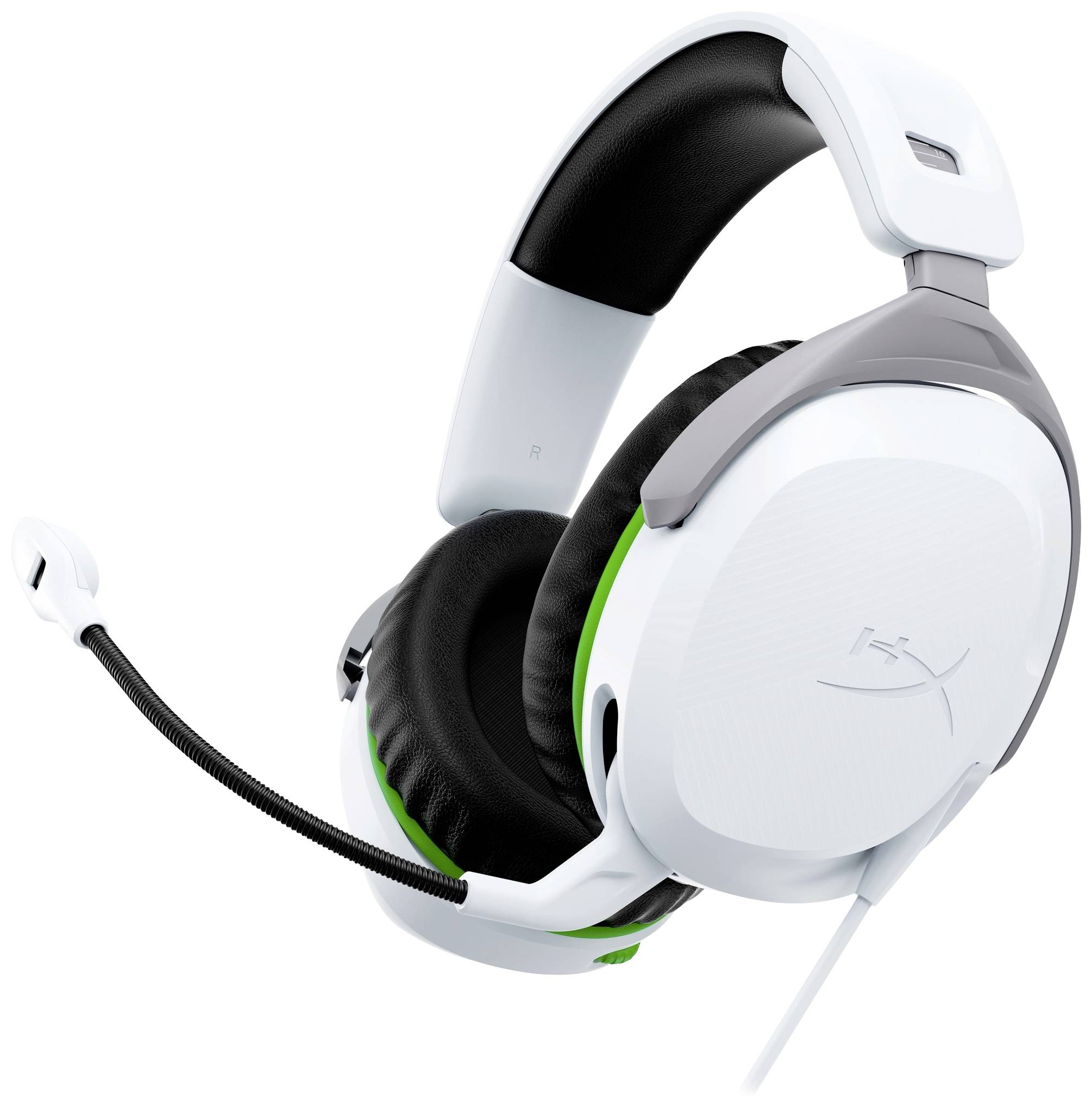 White, wired gaming headset with integrated microphone. Comfortable ear cushions and sleek design for extended use.