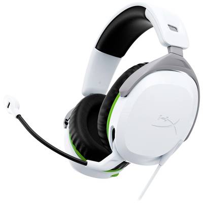 White, wired gaming headset with integrated microphone. Comfortable ear cushions and sleek design for extended use.