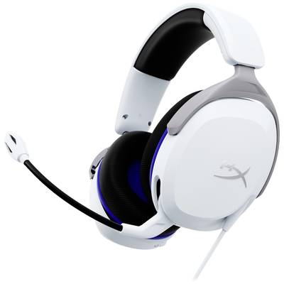 A white and black over-ear headset with a microphone boom. Ideal for gaming or voice communication.