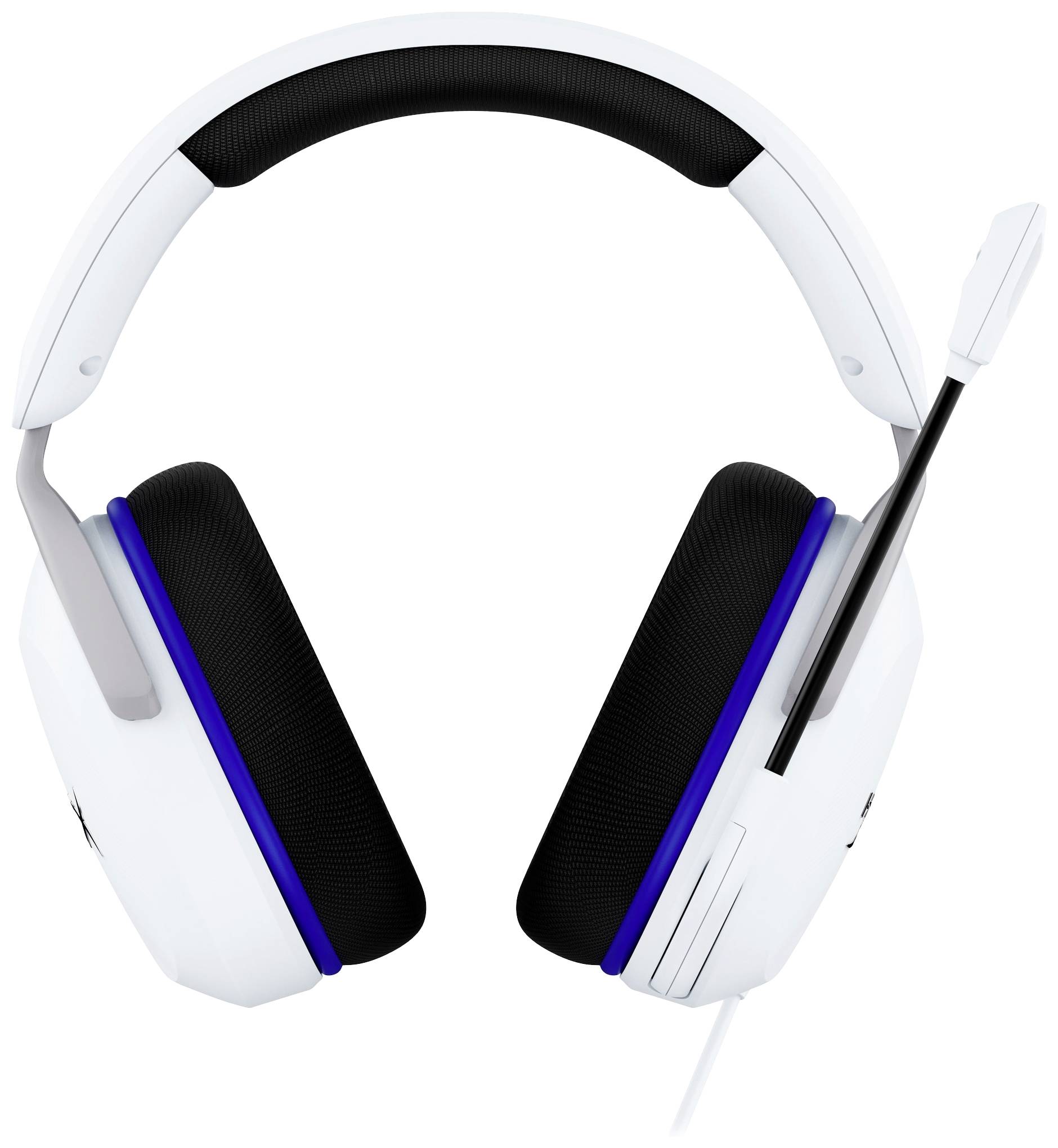 White gaming headphones with black cushioning and an integrated microphone on the left side.