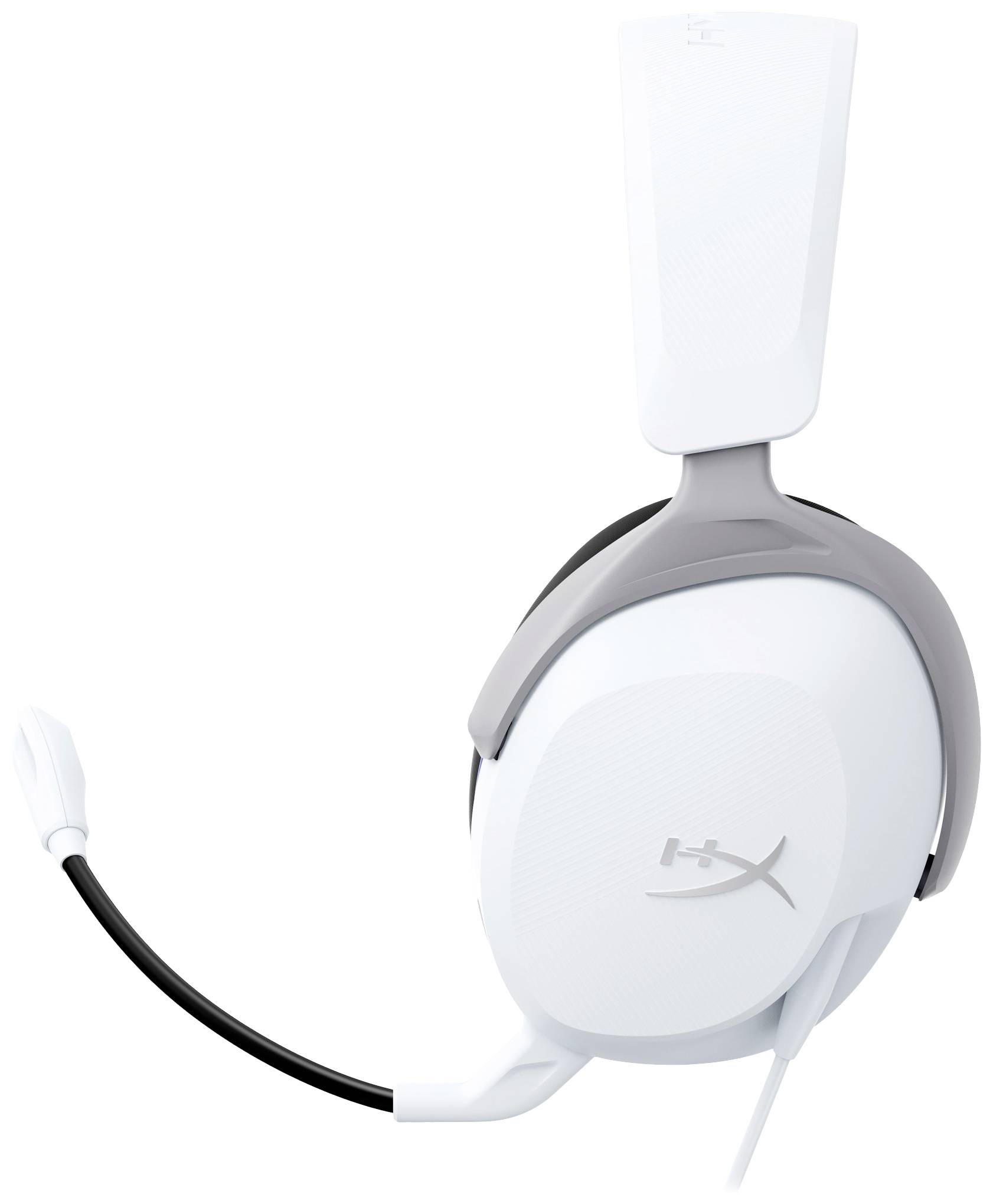 A white gaming headset with a microphone arm, distinctive design, ear cups with a grey headband. Brand logo on the side.