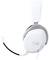 A white gaming headset with a microphone arm, distinctive design, ear cups with a grey headband. Brand logo on the side.