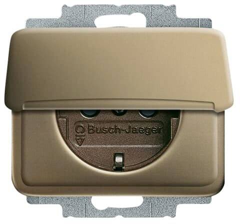 Brown socket by Busch-Jaeger, suitable for outdoor use, with hinged cover to protect against splash water.