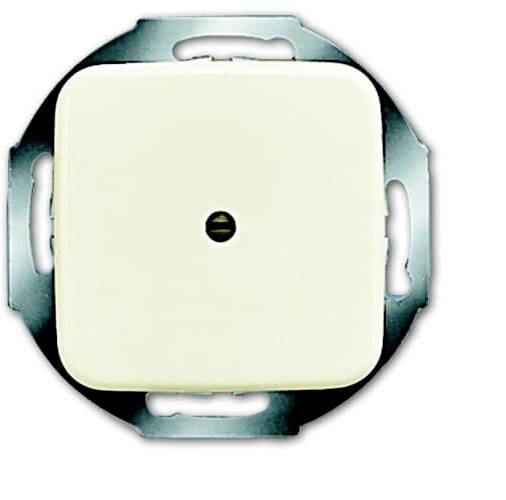 A white light switch on a round metal plate, suitable for wall mounting, visible from a front view.