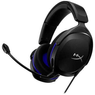 Black gaming headset with microphone arm, blue accents, and padded ear cups. Suitable for computer games and communication.