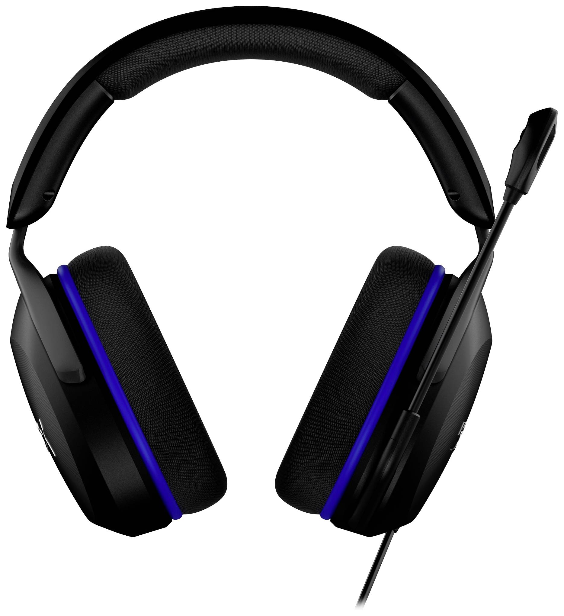 Black gaming headset with blue accent and microphone, viewed from the front. Ideal for gamers for communication and sound optimisation.