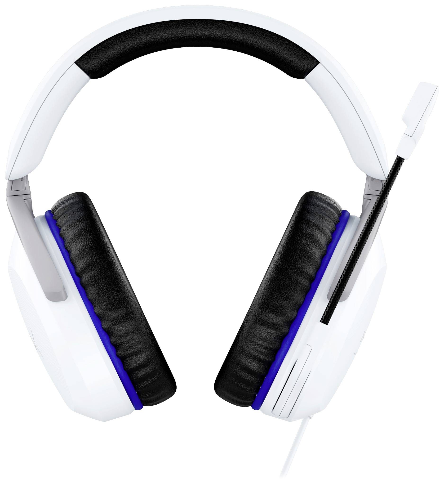 White gaming headphones with black and blue accents and a microphone on the left side, viewed from the front.