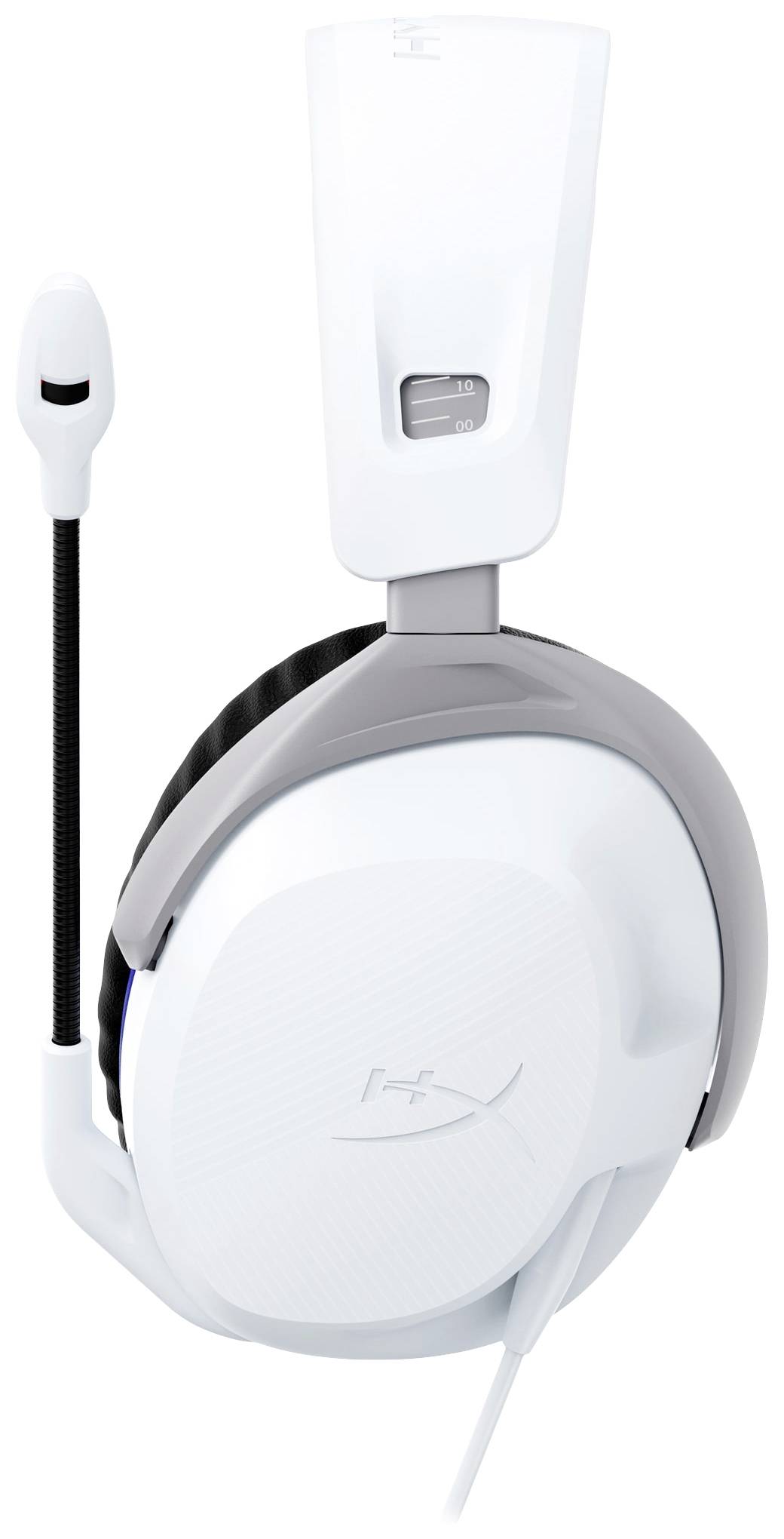 White over-ear headphones with microphone, suitable for gaming. Brand logo visible on the ear cup.