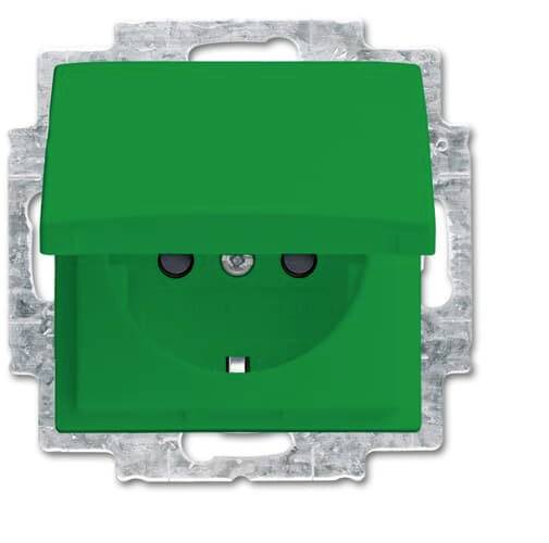 Green earthed socket with cover mounted in a metal bracket.