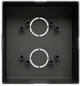 Black, square cover with eight screw holes and two circular openings for cable entry in the centre.