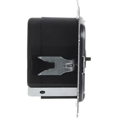 Side view of a black panel-mount electronic component with a metal mounting plate and spring clip.
