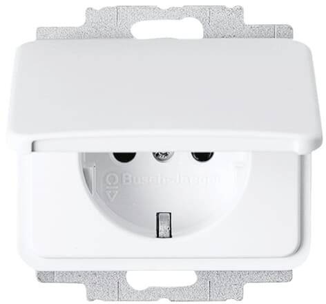 White earthed socket with a hinged cover, open, showing an interior view with two plug openings and earthing contact.