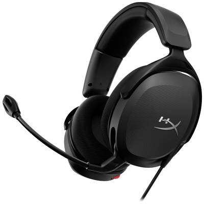 A black gaming headset with a microphone arm, ergonomic ear cushions and the HyperX logo on the ear cup.