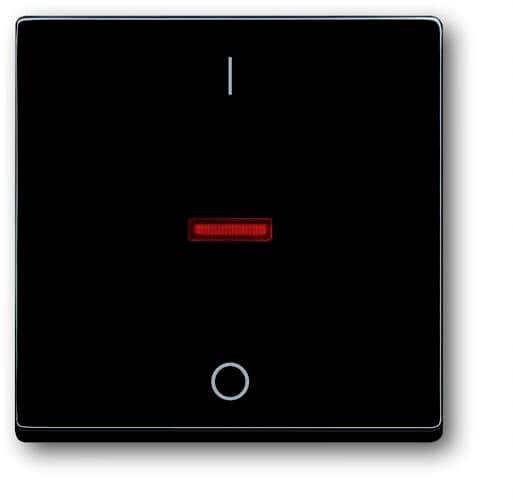 A black light switch with a red, horizontal indicator in the middle and a circular symbol at the bottom.