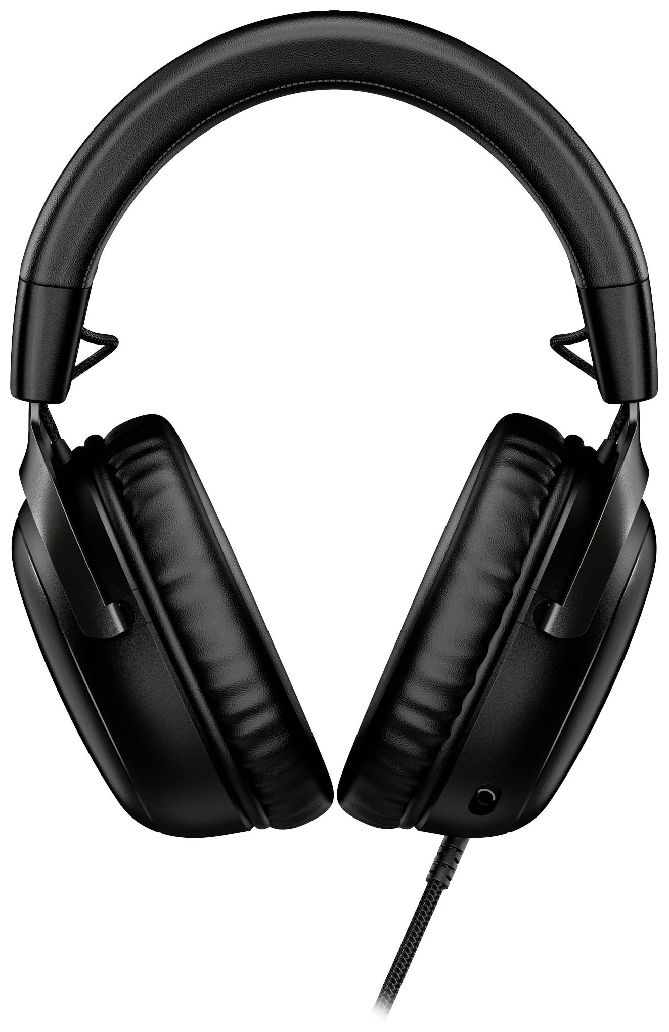 Black over-ear wired headphones, shown from the front. They have padded ear cups and an adjustable headband.