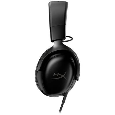 Black wired headphones from the side view. The HyperX logo is visible on the ear cup.