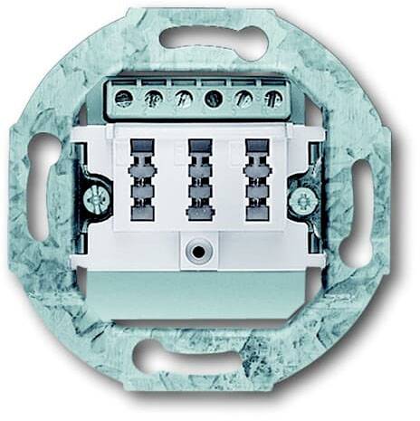 An electrical switch box, rectangular, without a cover, with cable connections at the top and a green metal frame for mounting.