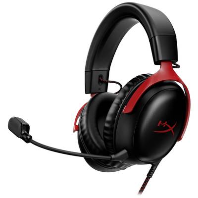 A black gaming headset with a red accent and microphone arm, suitable for PC and console gaming environments.