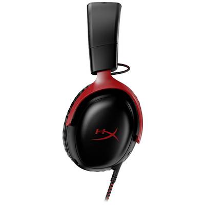 Black and red over-ear headphones with a logo on the ear cup.