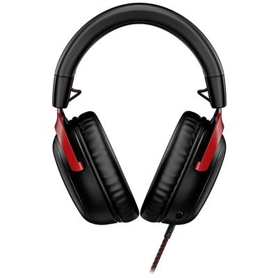 Black and red over-ear headphones with padded ear cups and wired connection.