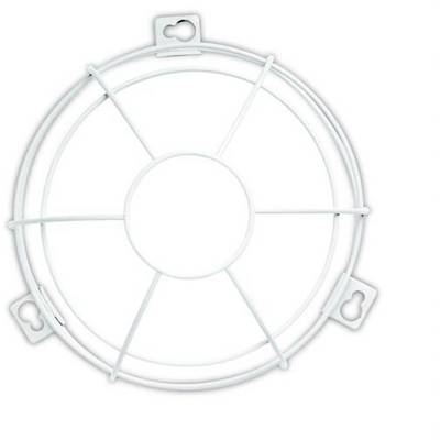 A white, round protective grille with mounting holes, suitable for covering fans or ventilations.