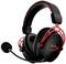 Black over-ear headphones with microphone, red accents and soft padding. Ideal for gaming or audio calls.