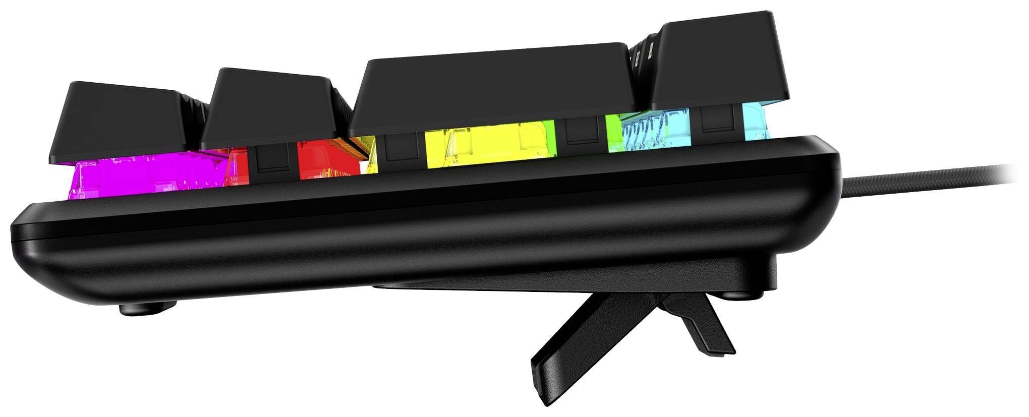 Side profile view of a keyboard with illuminated keys in various colours. The keyboard is slightly angled, showcasing its key height.