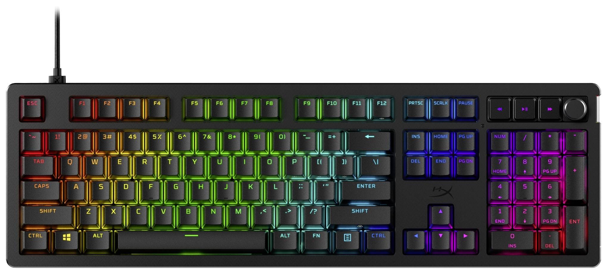 A gaming keyboard with RGB backlighting, where each key glows in a rainbow palette.